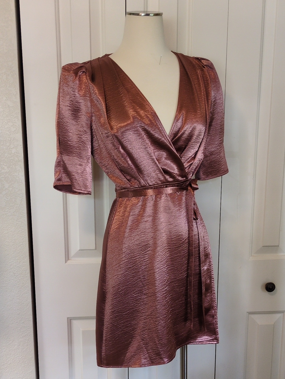 Express Metallic Rose Gold Wrap Mini Dress